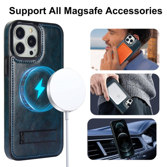 For iPhone 12 Pro Max Retro Leather Invisible Stand MagSafe Phone Case(Blue) by buy2fix