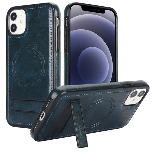 For iPhone 12 mini Retro Leather Invisible Stand MagSafe Phone Case(Blue) by buy2fix