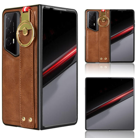 For Honor Magic V2 RSR Porsche Design Wristband Leather Back Phone Case(Brown)