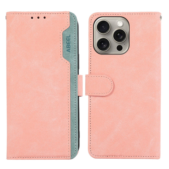 For iPhone 16 Pro ABEEL Color Block Magnetic RFID Leather Phone Case(Pink-Cyan)