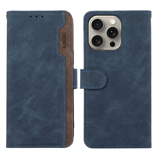 For iPhone 16 Pro ABEEL Color Block Magnetic RFID Leather Phone Case(Blue-Brown)