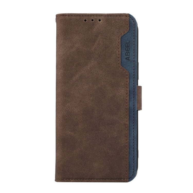 For iPhone 16 Plus ABEEL Color Block Magnetic RFID Leather Phone Case(Brown-Blue) - iPhone 16 Plus Cases by buy2fix | Online Shopping UK | buy2fix