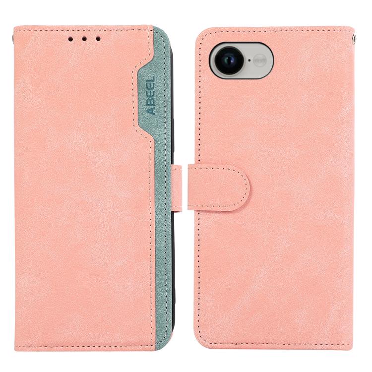 For iPhone 16e ABEEL Color Block Magnetic RFID Leather Phone Case(Pink-Cyan) - iPhone 16e Cases by buy2fix | Online Shopping UK | buy2fix
