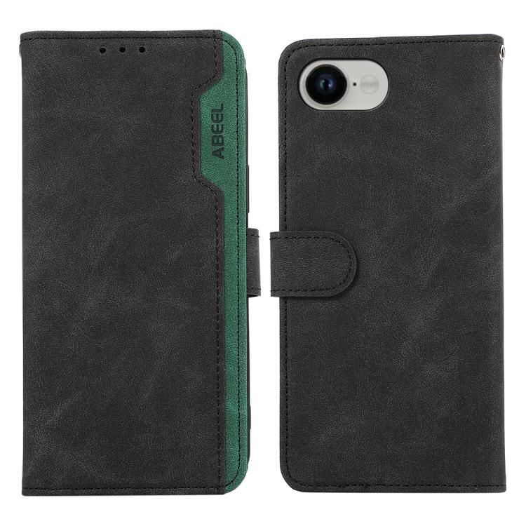 For iPhone 16e ABEEL Color Block Magnetic RFID Leather Phone Case(Black-Green) - iPhone 16e Cases by buy2fix | Online Shopping UK | buy2fix