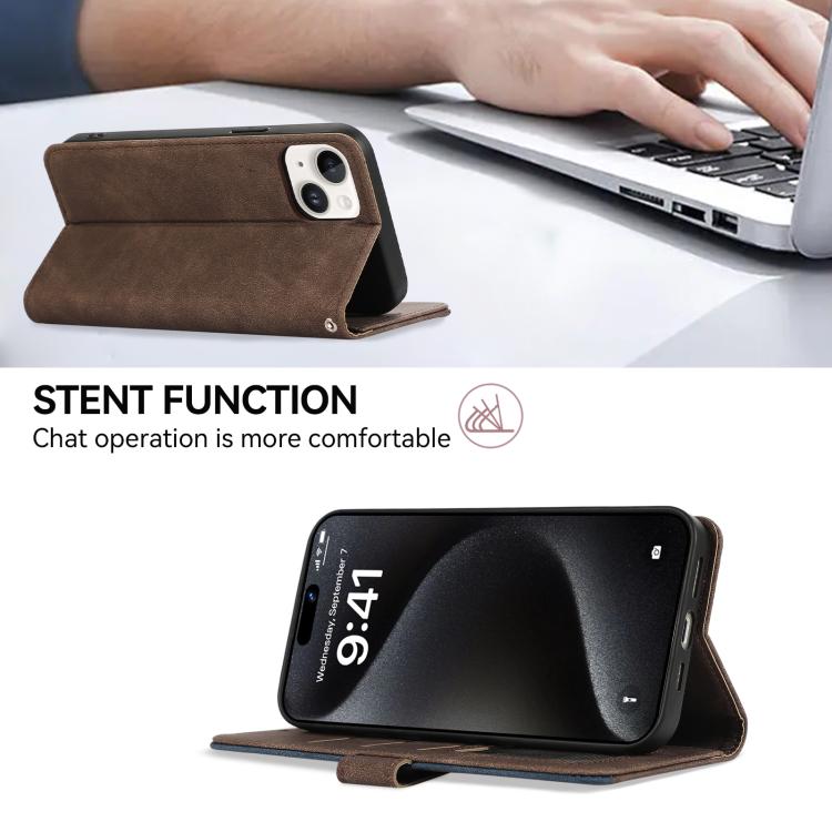 For iPhone 16e ABEEL Color Block Magnetic RFID Leather Phone Case(Brown-Blue) - iPhone 16e Cases by buy2fix | Online Shopping UK | buy2fix