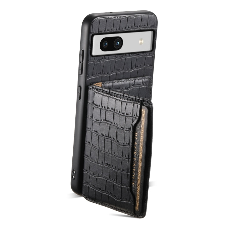 For Google Pixel 7a Crocodile Texture Card Bag Design Full Coverage Phone Case(Black) - Google Cases by buy2fix | Online Shopping UK | buy2fix