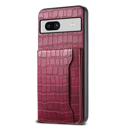 For Google Pixel 7a Crocodile Texture Card Bag Design Full Coverage Phone Case(Red) - Google Cases by buy2fix | Online Shopping UK | buy2fix