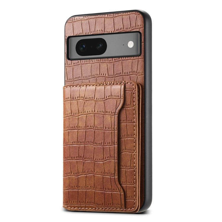 For Google Pixel 7 5G Crocodile Texture Card Bag Design Full Coverage Phone Case(Brown) - Google Cases by buy2fix | Online Shopping UK | buy2fix