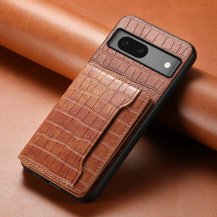 For Google Pixel 7 5G Crocodile Texture Card Bag Design Full Coverage Phone Case(Brown) - Google Cases by buy2fix | Online Shopping UK | buy2fix