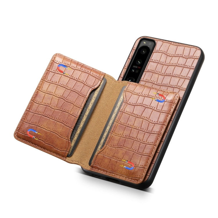 For Sony Xperia 1 IV Crocodile Texture Card Bag Design Full Coverage Phone Case(Brown) - Sony Cases by buy2fix | Online Shopping UK | buy2fix