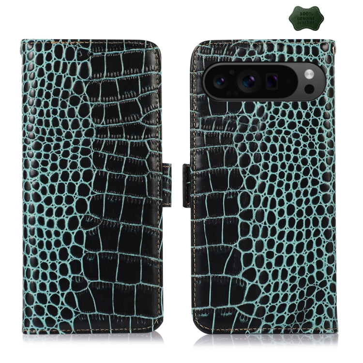 For Google Pixel 9 Pro Crocodile Top Layer Cowhide Leather Phone Case(Green) - Google Cases by buy2fix | Online Shopping UK | buy2fix