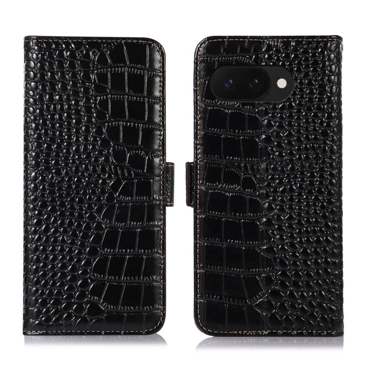 For Google Pixel 9a Crocodile Top Layer Cowhide Leather Phone Case(Black) - Google Cases by buy2fix | Online Shopping UK | buy2fix