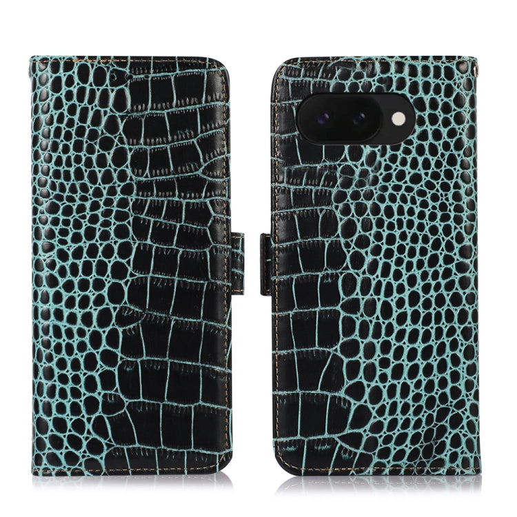 For Google Pixel 9a Crocodile Top Layer Cowhide Leather Phone Case(Green) - Google Cases by buy2fix | Online Shopping UK | buy2fix