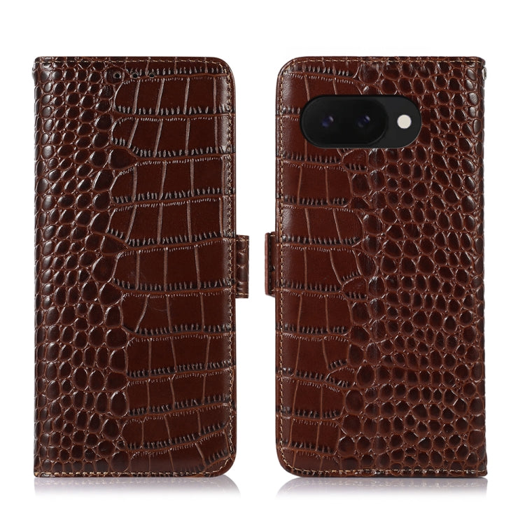For Google Pixel 9a Crocodile Top Layer Cowhide Leather Phone Case(Brown) - Google Cases by buy2fix | Online Shopping UK | buy2fix
