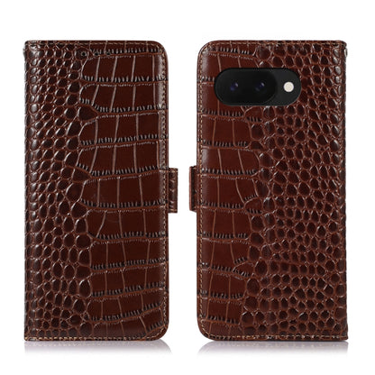 For Google Pixel 9a Crocodile Top Layer Cowhide Leather Phone Case(Brown) - Google Cases by buy2fix | Online Shopping UK | buy2fix