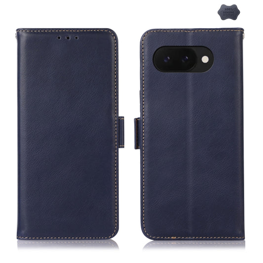 For Google Pixel 9a Crazy Horse Top Layer Cowhide Leather Phone Case(Blue) - Google Cases by buy2fix | Online Shopping UK | buy2fix