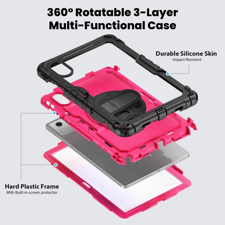 For Lenovo Xiaoxin Pad 2024 / 2025 Silicone Hybrid PC Tablet Case with Shoulder Strap(Black Rose Red PC) by buy2fix