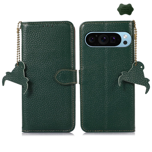 For Google Pixel 9 Genuine Leather Litchi Texture RFID Leather Phone Case(Green) - Google Cases by buy2fix | Online Shopping UK | buy2fix