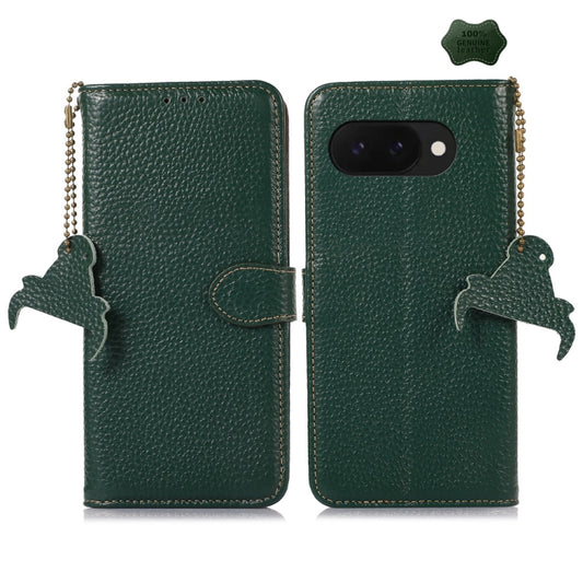 For Google Pixel 9a Genuine Leather Litchi Texture RFID Leather Phone Case(Green) - Google Cases by buy2fix | Online Shopping UK | buy2fix