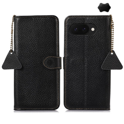 For Google Pixel 9a Genuine Leather Litchi Texture RFID Leather Phone Case(Black) - Google Cases by buy2fix | Online Shopping UK | buy2fix