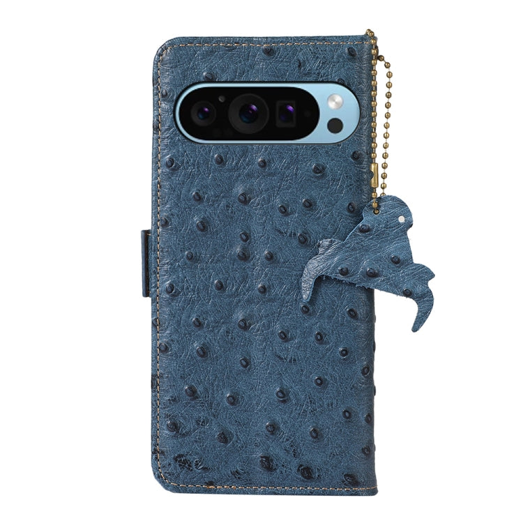 For Google Pixel 9 Ostrich Pattern Genuine Leather RFID Phone Case(Blue) - Google Cases by buy2fix | Online Shopping UK | buy2fix