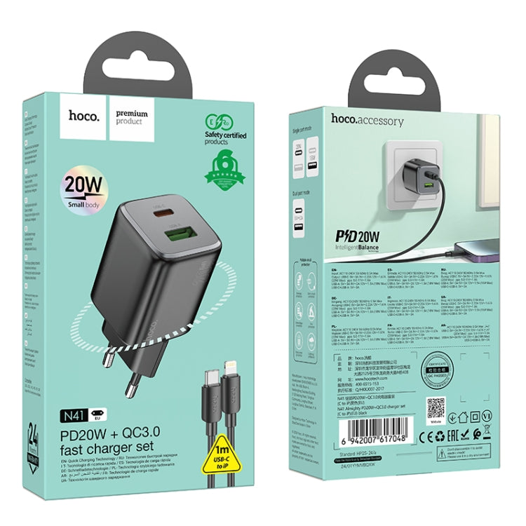 hoco N41 Almighty PD20W Type-C + QC3.0 USB Charger with Type-C to 8 Pin Cable, EU Plug(Black) - USB Charger by hoco | Online Shopping UK | buy2fix
