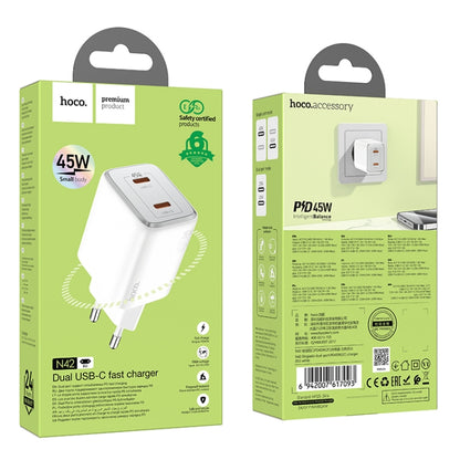 hoco N42 Elogiado PD45W Dual-port Type-C Charger, EU Plug(White) - USB Charger by hoco | Online Shopping UK | buy2fix