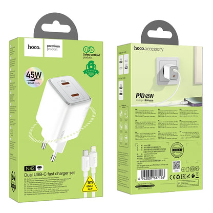 hoco N42 Elogiado PD45W Dual-port Type-C Charger with Type-C to 8 Pin Cable, EU Plug(White) - USB Charger by hoco | Online Shopping UK | buy2fix