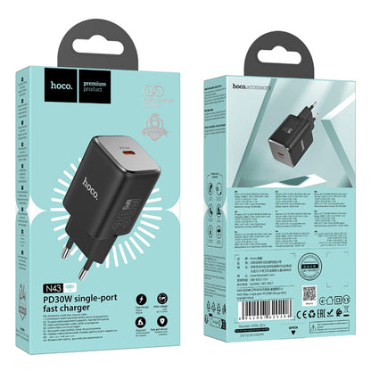 hoco N43 Vista PD30W Single Port Type-C Charger, EU Plug(Black) - USB Charger by hoco | Online Shopping UK | buy2fix