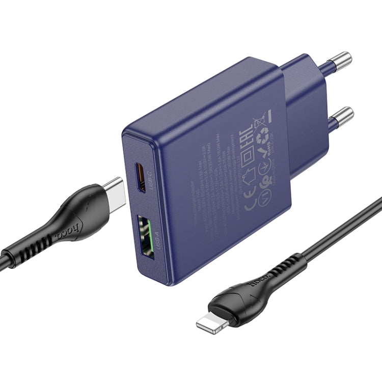 hoco N45 Biscuit PD30W Type-C + QC3.0 USB Charger with Type-C to 8 Pin Cable, EU Plug(Blue) - USB Charger by hoco | Online Shopping UK | buy2fix