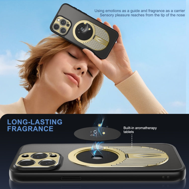 For iPhone 15 Heat Dissipation Aromatherapy MagSafe Holder Phone Case(Gold) - iPhone 15 Cases by buy2fix | Online Shopping UK | buy2fix