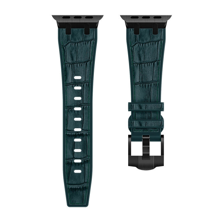 For Apple Watch SE 2022 44mm Crocodile Texture Liquid Silicone Watch Band(Black Deep Green) - Watch Bands by buy2fix | Online Shopping UK | buy2fix