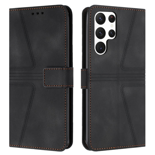 For Samsung Galaxy S22 Ultra 5G Triangle Solid Color Leather Phone Case(Black)