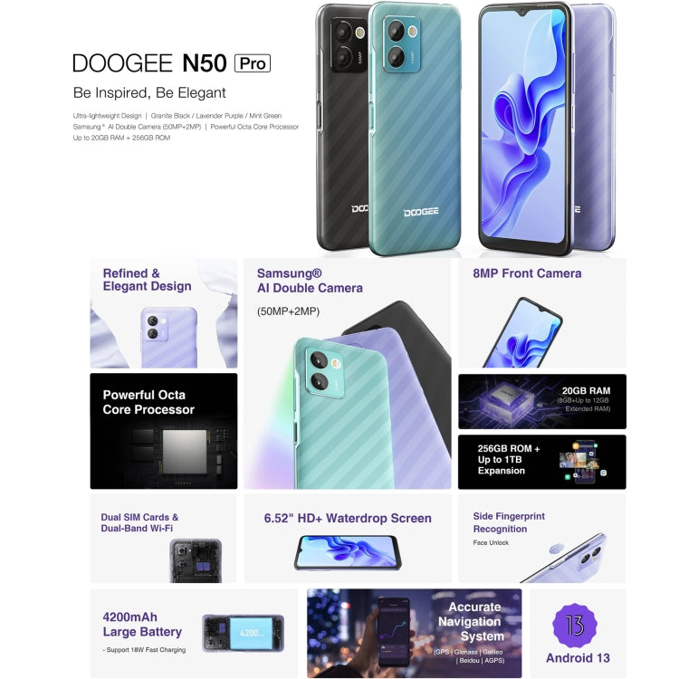 [HK Warehouse] DOOGEE N50 Pro, 8GB+256GB, Side Fingerprint, 6.52 inch Android 13 Spreadtrum T606 Octa Core 1.6GHz, Network: 4G, OTG(Purple) - DOOGEE by DOOGEE | Online Shopping UK | buy2fix