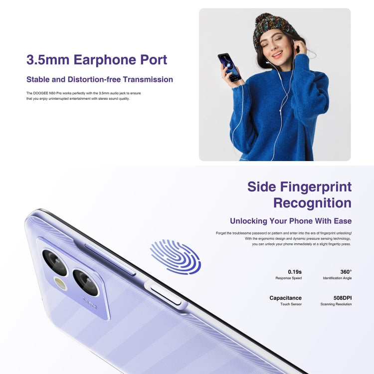 [HK Warehouse] DOOGEE N50 Pro, 8GB+256GB, Side Fingerprint, 6.52 inch Android 13 Spreadtrum T606 Octa Core 1.6GHz, Network: 4G, OTG(Purple) - DOOGEE by DOOGEE | Online Shopping UK | buy2fix