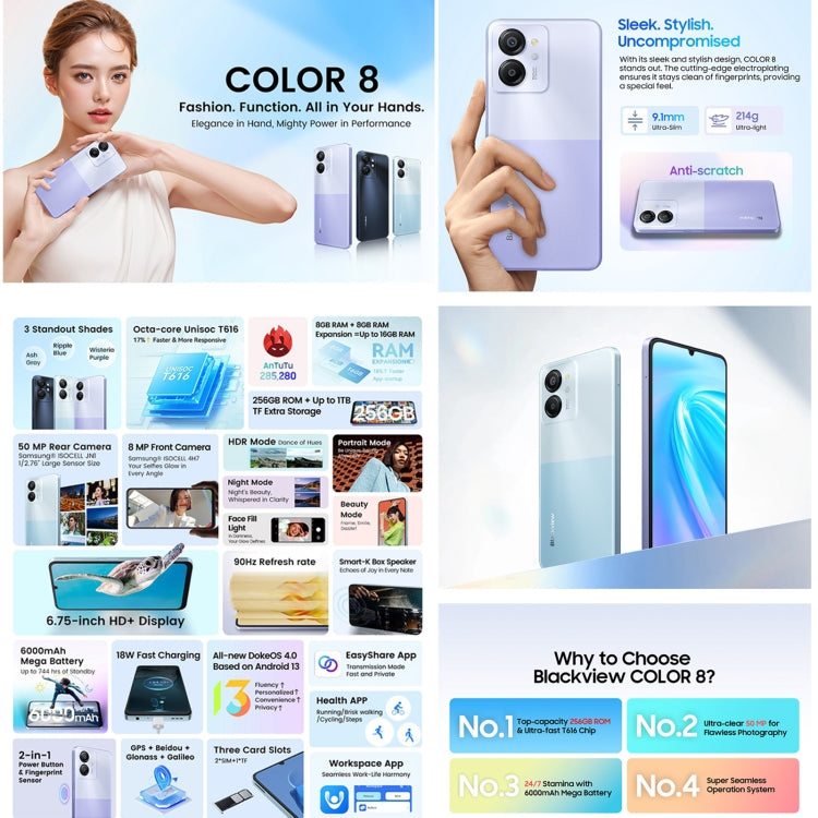 [HK Warehouse] Blackview COLOR 8, 8GB+256GB, Fingerprint & Face Identification, 6.75 inch Android 13 Unisoc T616 Octa Core up to 2.2GHz, Network: 4G, OTG(Wisteria Purple) - Blackview by Blackview | Online Shopping UK | buy2fix