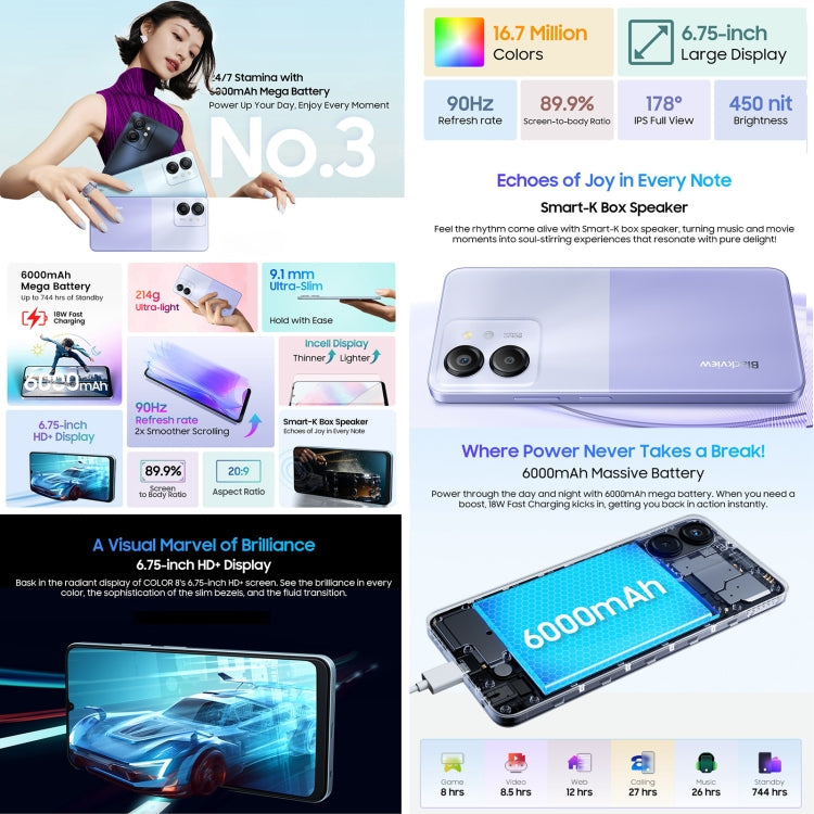 [HK Warehouse] Blackview COLOR 8, 8GB+256GB, Fingerprint & Face Identification, 6.75 inch Android 13 Unisoc T616 Octa Core up to 2.2GHz, Network: 4G, OTG(Wisteria Purple) - Blackview by Blackview | Online Shopping UK | buy2fix