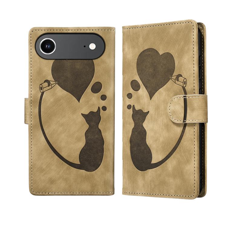 For iPhone Air Pen Heart Cat Embossed Leather Phone Case(Apricot) - iPhone Air Cases by buy2fix | Online Shopping UK | buy2fix
