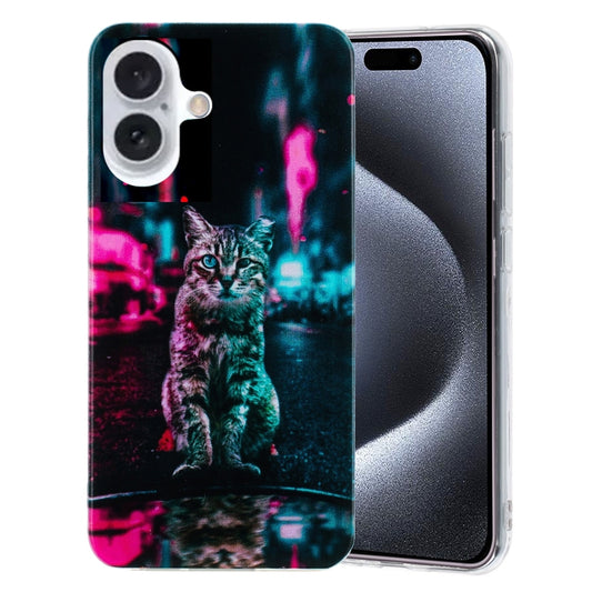 For iPhone 16 Plus Colorful Painting Pattern TPU Phone Case(Traffic Light Cat) by buy2fix