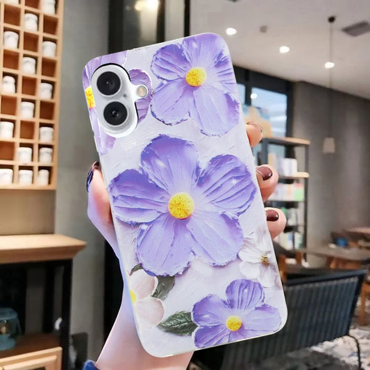 For iPhone 16 Colorful Painting Pattern TPU Phone Case(Purple Flowers) by buy2fix
