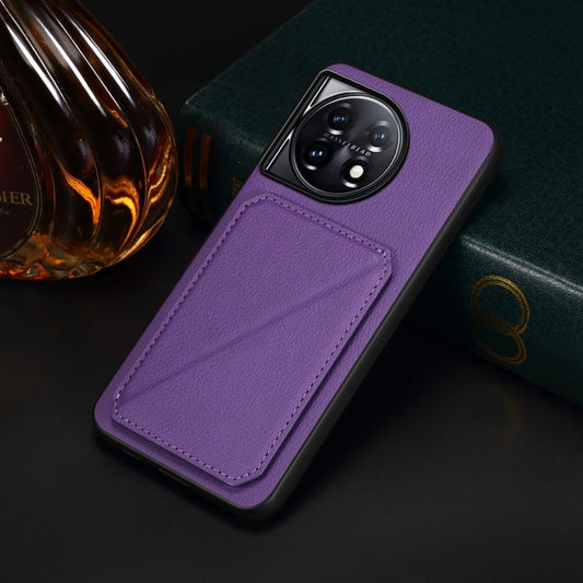 For OnePlus 11 D04 Calf Texture Dual Card Slot Holder Phone Case(Purple) by buy2fix