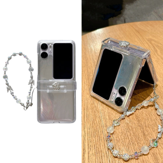 For OPPO Find N2 Flip Skin Feel PC Feather Gauze Glitter Paper Camellia Phone Case with Bracelet(Transparent) by buy2fix