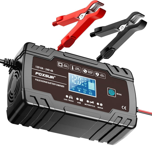 FOXSUR 8A 12V 24V Car / Motorcycle Smart Battery Charger, Plug Type:UK Plug(Black) by FOXSUR