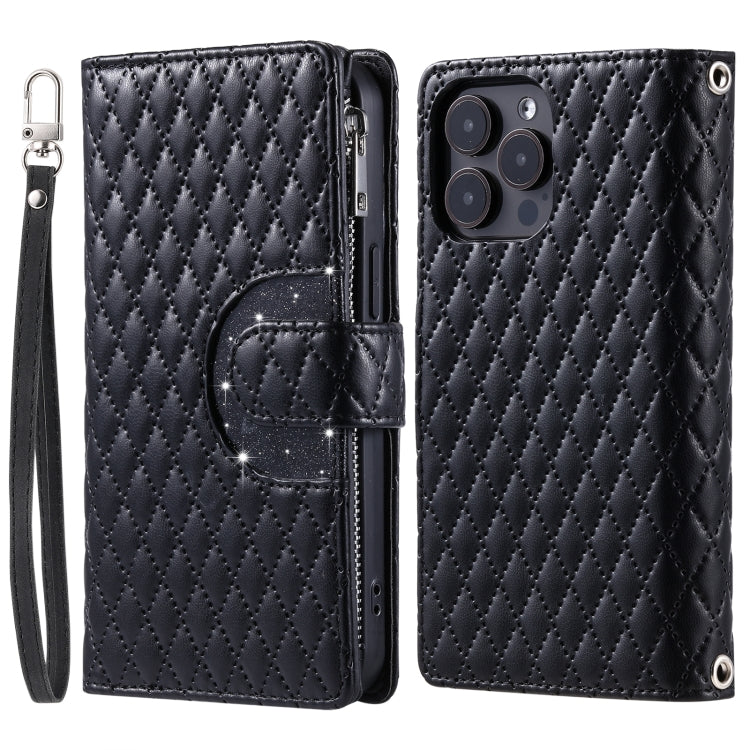 For iPhone 16 Pro Max Glitter Lattice Zipper Wallet Leather Phone Case(Black) - iPhone 16 Pro Max Cases by buy2fix | Online Shopping UK | buy2fix