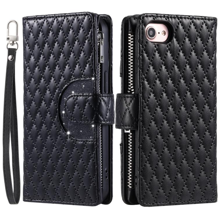 For iPhone 16e Glitter Lattice Zipper Wallet Leather Phone Case(Black) - iPhone 16e Cases by buy2fix | Online Shopping UK | buy2fix