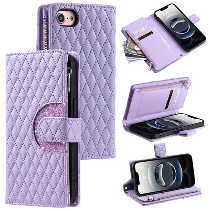 For iPhone 16e Glitter Lattice Zipper Wallet Leather Phone Case(Purple) - iPhone 16e Cases by buy2fix | Online Shopping UK | buy2fix