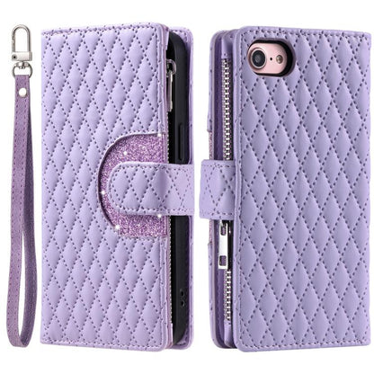 For iPhone 16e Glitter Lattice Zipper Wallet Leather Phone Case(Purple) - iPhone 16e Cases by buy2fix | Online Shopping UK | buy2fix