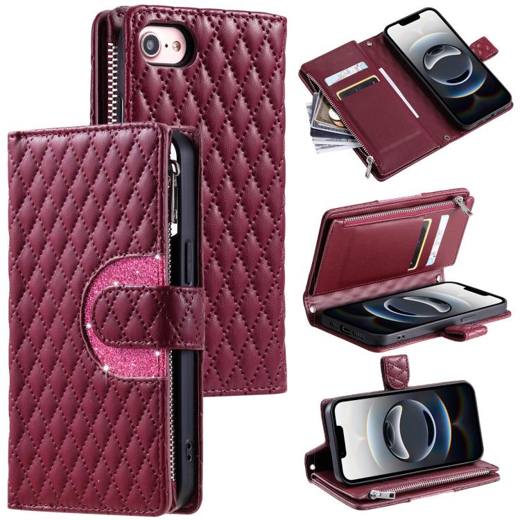 For iPhone 16e Glitter Lattice Zipper Wallet Leather Phone Case(Wine Red) - iPhone 16e Cases by buy2fix | Online Shopping UK | buy2fix