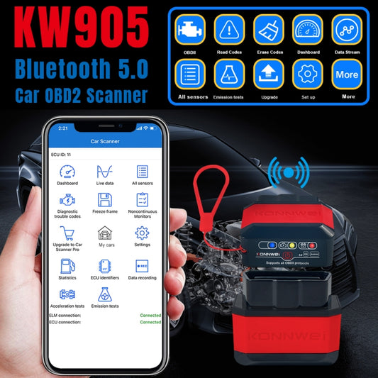 KONNWEI KW905 Bluetooth 5.0 Car OBD2 Scanner Support Android & iOS(Black) by KONNWEI