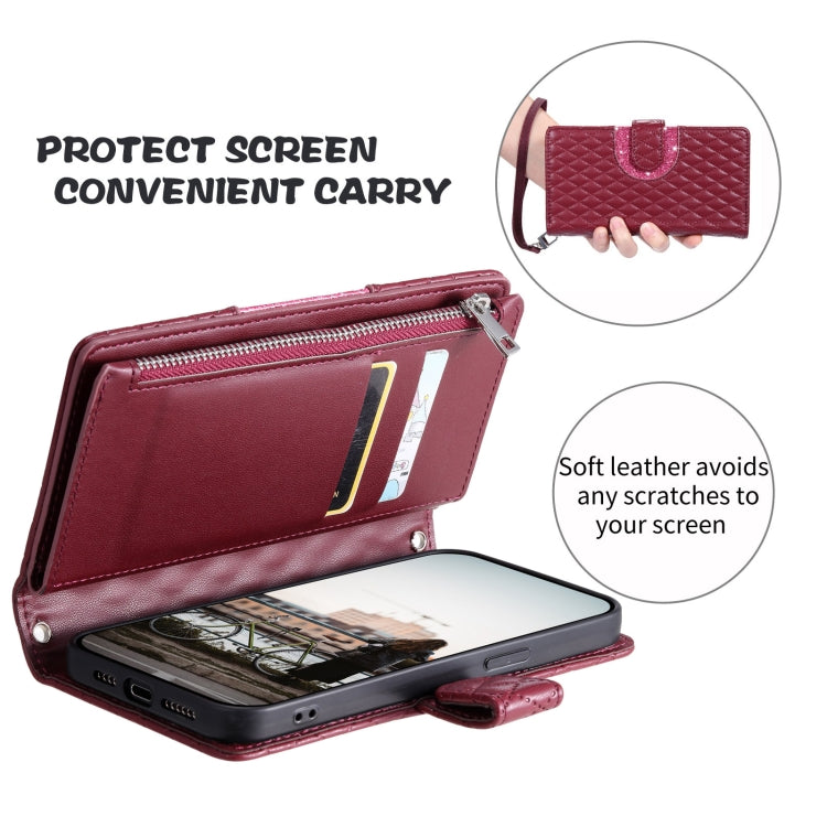 For Google Pixel 7 5G Glitter Lattice Zipper Wallet Leather Phone Case(Wine Red) by buy2fix